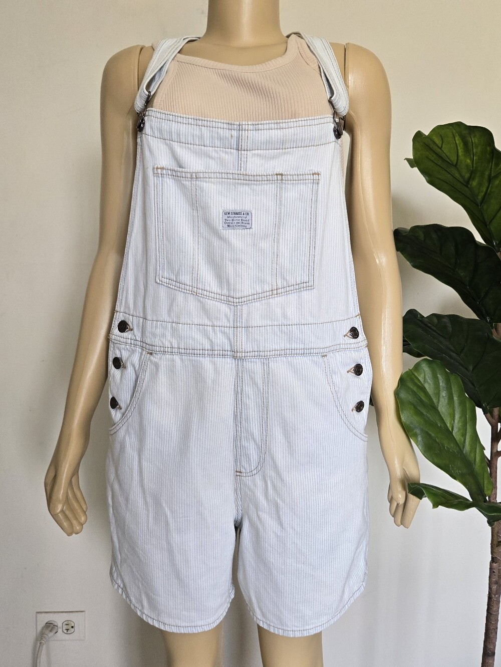 Levi's Vintage Stripe Denim Shortall Overalls Light Wash - Size M Women's